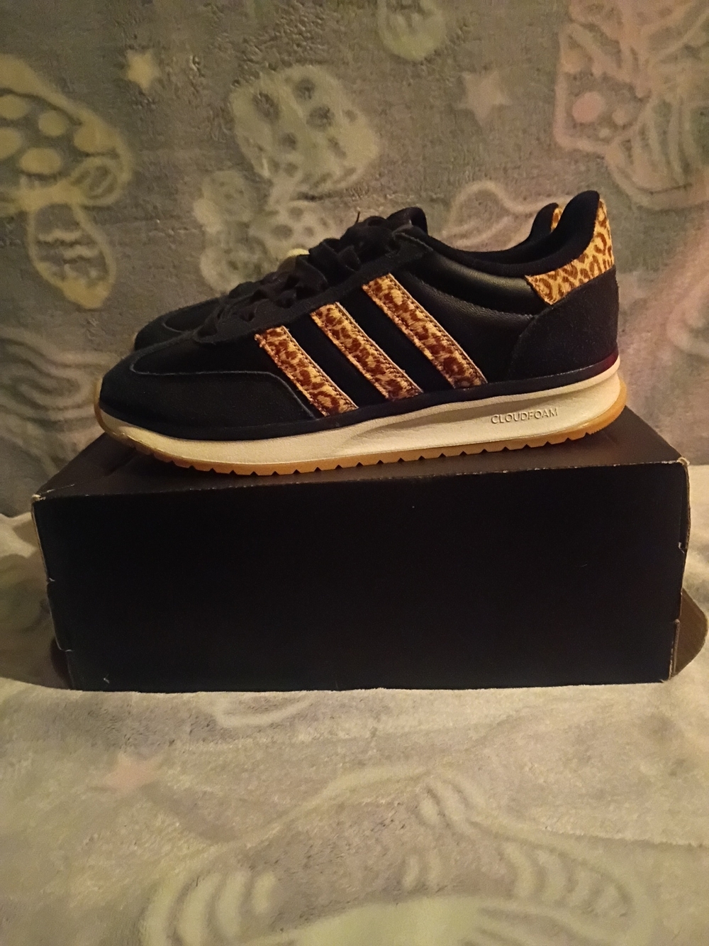 Adidas Black Sneakers with Leopard Accent Stripes